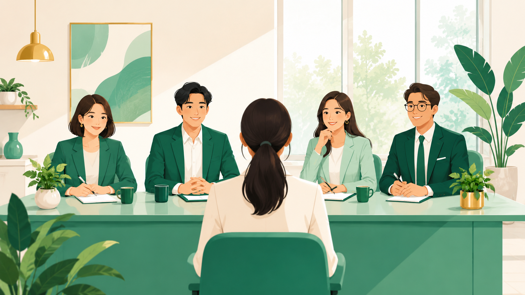 醫管局行政及支援職系面試小組場景，數位考官與一位求職者對談